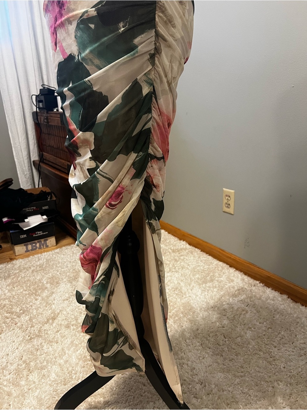 Express Floral Ruched Maxi Dress in Cream, Pink & Green - Picture 3 of 5